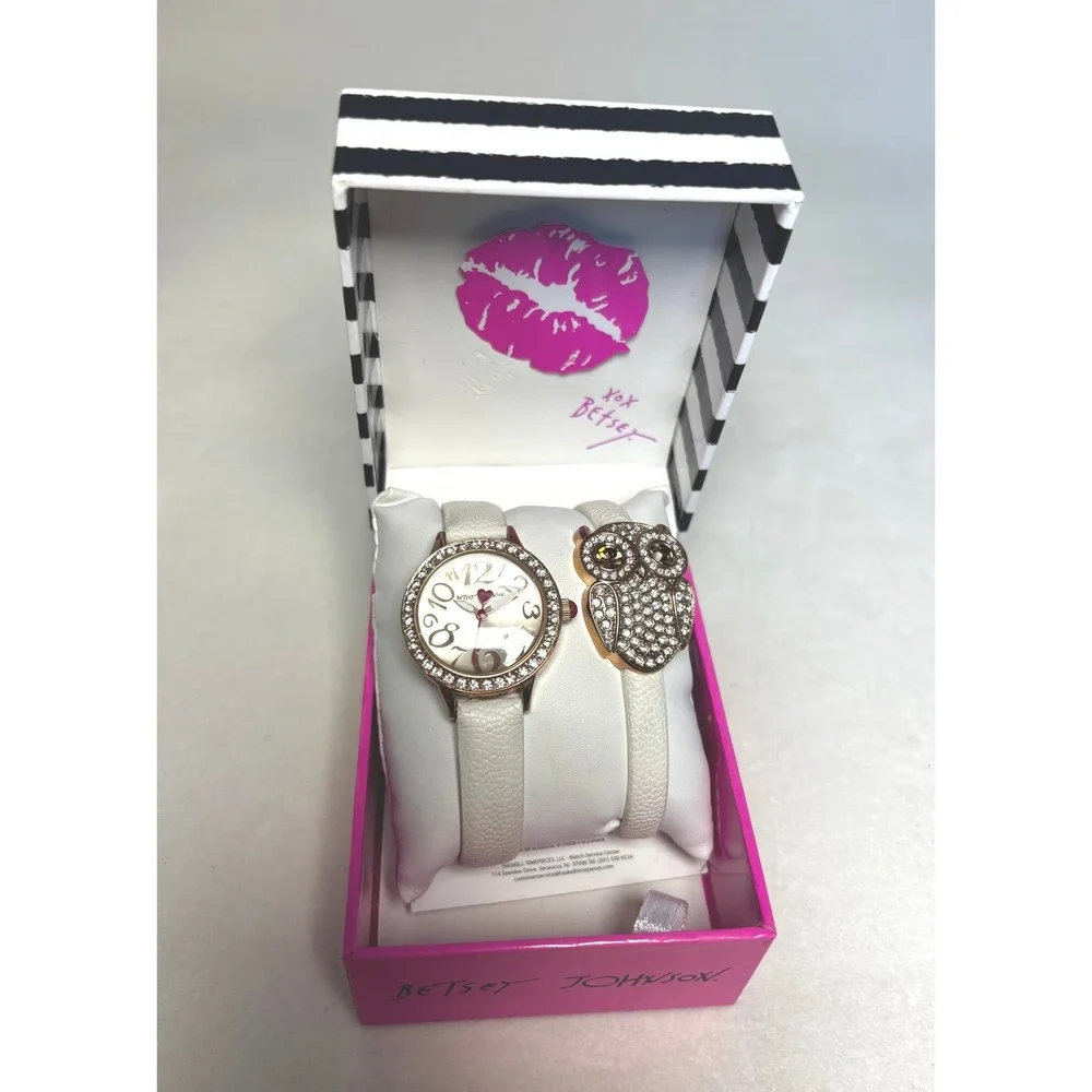 Betsey Johnson White Rose‎ Gold Owl Watch and Bracelet Set with Box